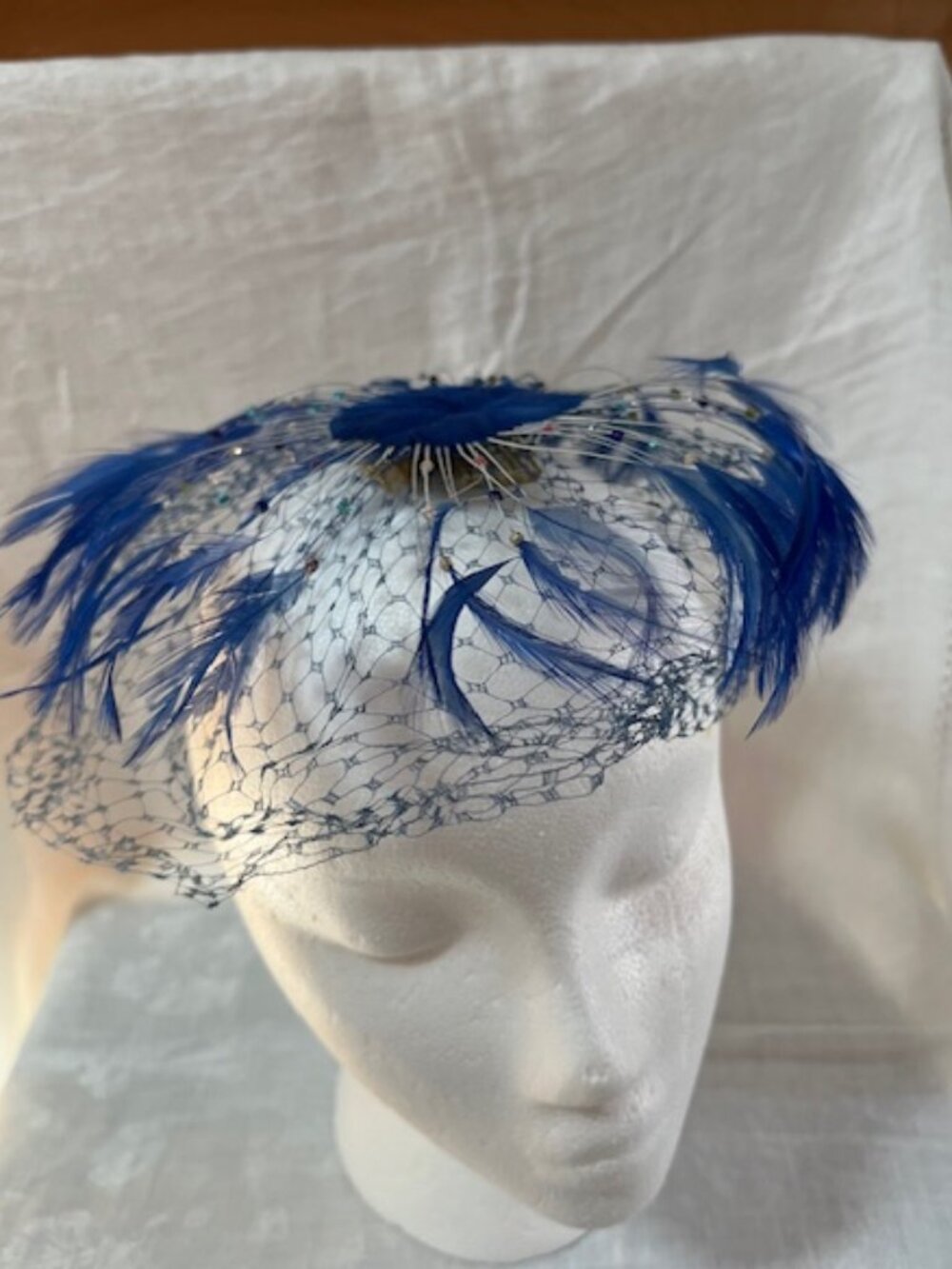 1960's Fascinator Hat Feathers Beads Intact Netting